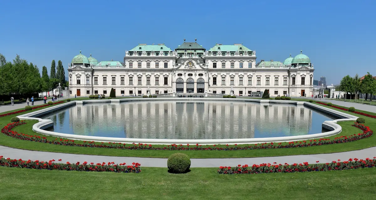 Upper Belvedere palace facade in Vienna with reflecting pool